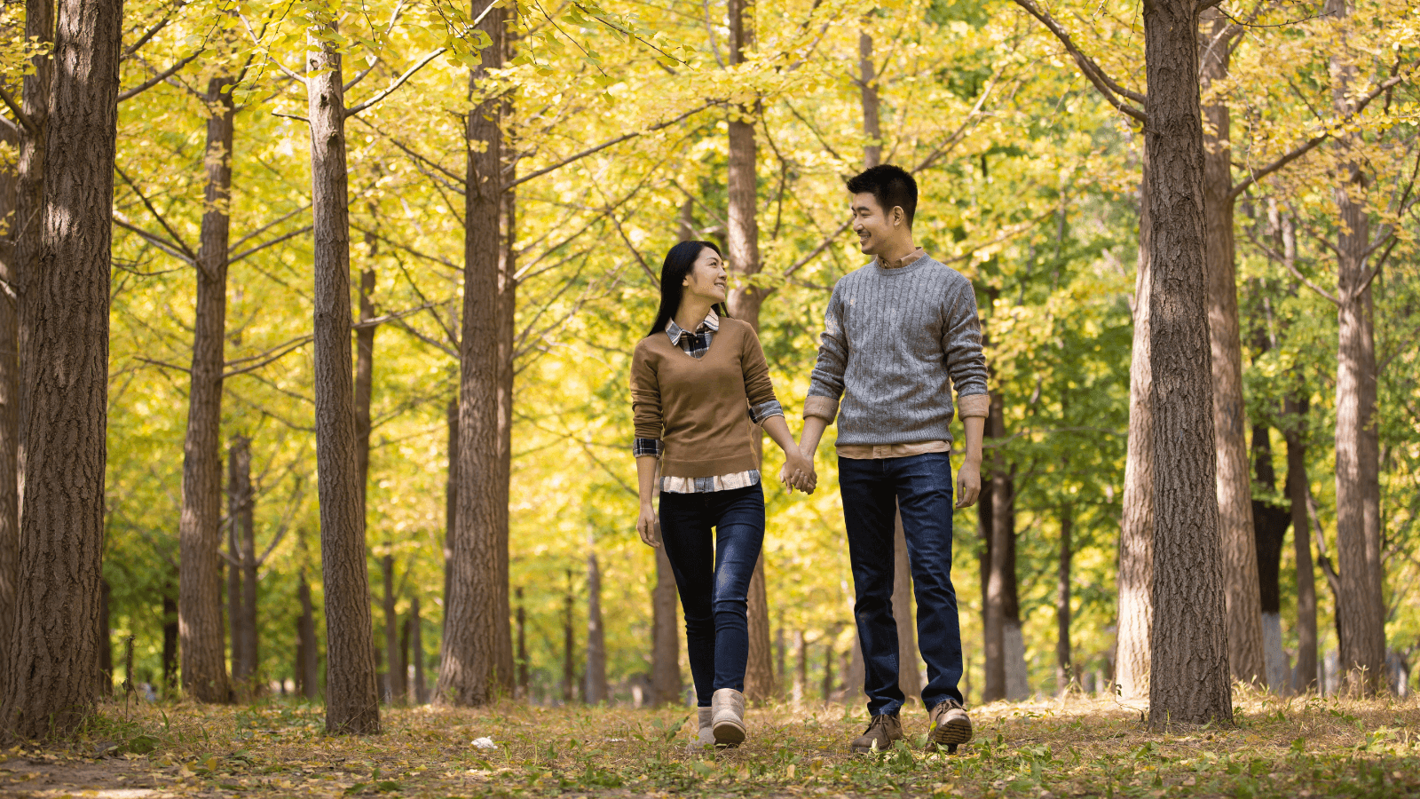 A couple walks hand in hand through a tree-lined path in a park during autumn, surrounded by yellow leaves.