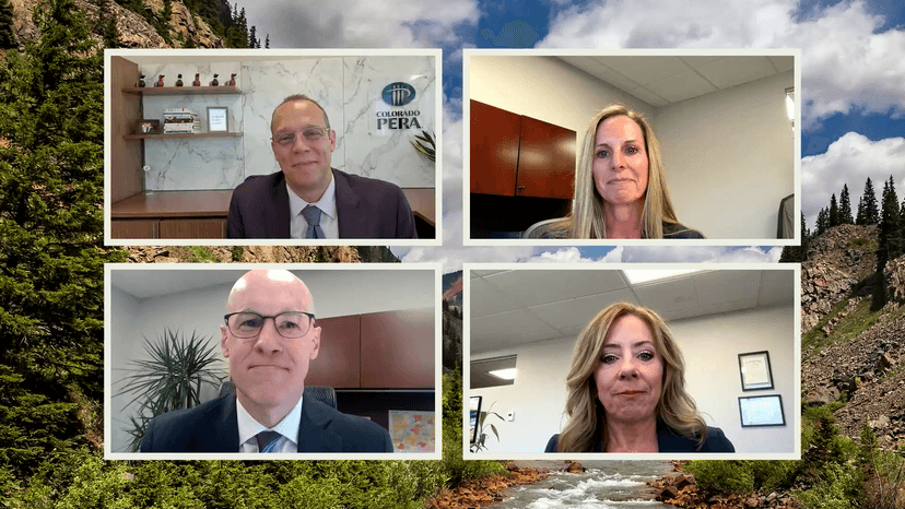 PERA executives: CEO/Executive Director Andrew Roth, Deputy Executive Director Sarah Wager, Chief Benefits Officer Patrick Lane, and Chief Investment Officer/Chief Operating Officer Amy C. McGarrity.