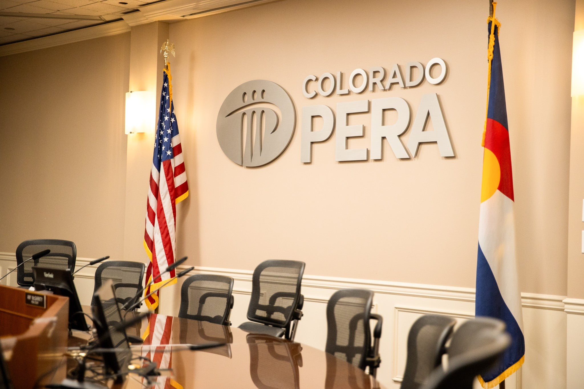 Empty chairs in the Colorado PERA Board Room.