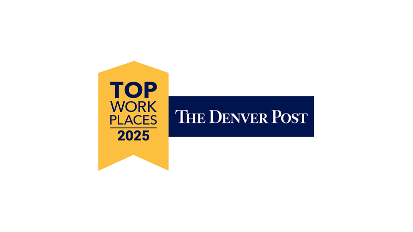 A yellow ribbon with "Top Workplaces 2025" next to a blue rectangle featuring "The Denver Post."
