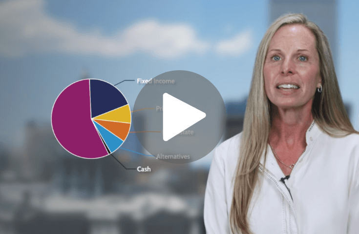 A woman in a white blouse speaks next to a pie chart showing different investment categories, with a play button overlaid, suggesting a video presentation.