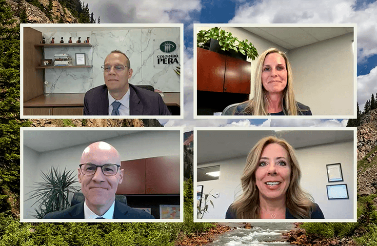 Screenshot of four business professionals in separate video call windows, each in office settings, overlaid on a mountainous outdoor background with a river.