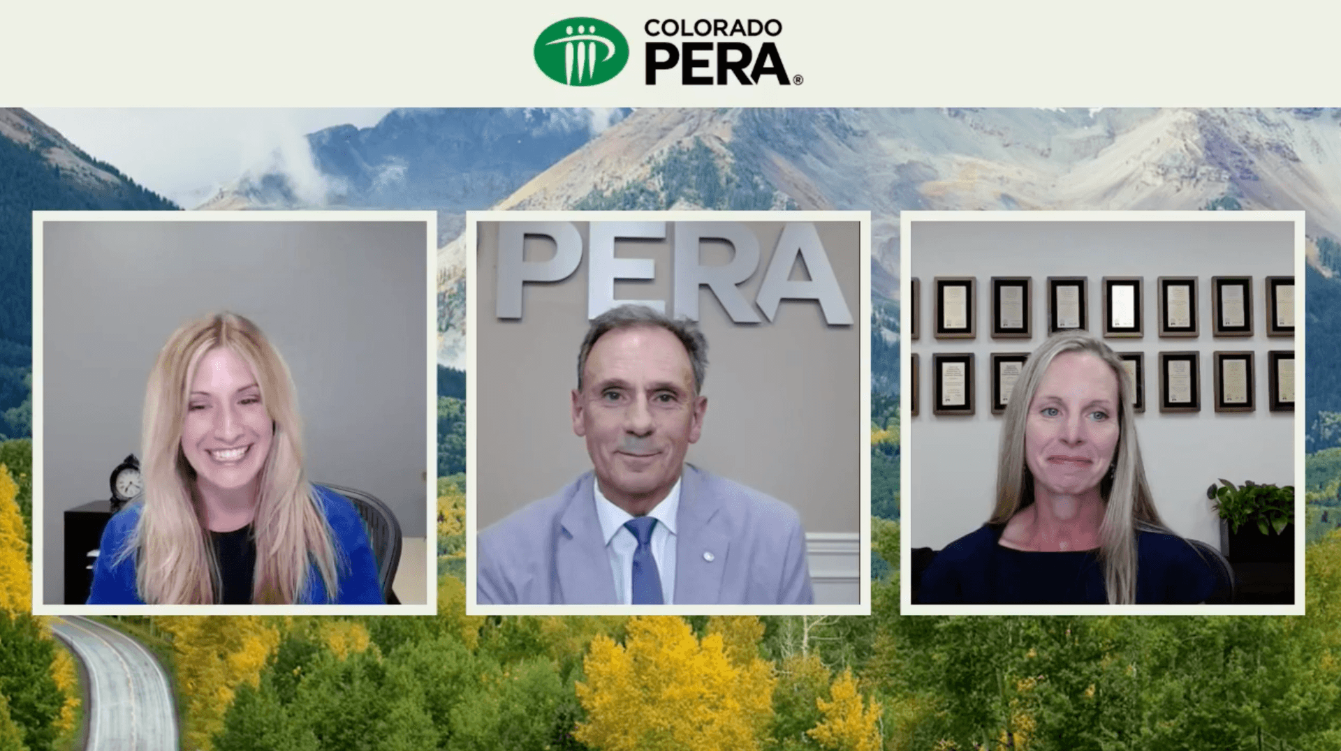 Three individuals, two women and one man, are featured in a virtual meeting with the Colorado PERA logo and a mountainous background visible.