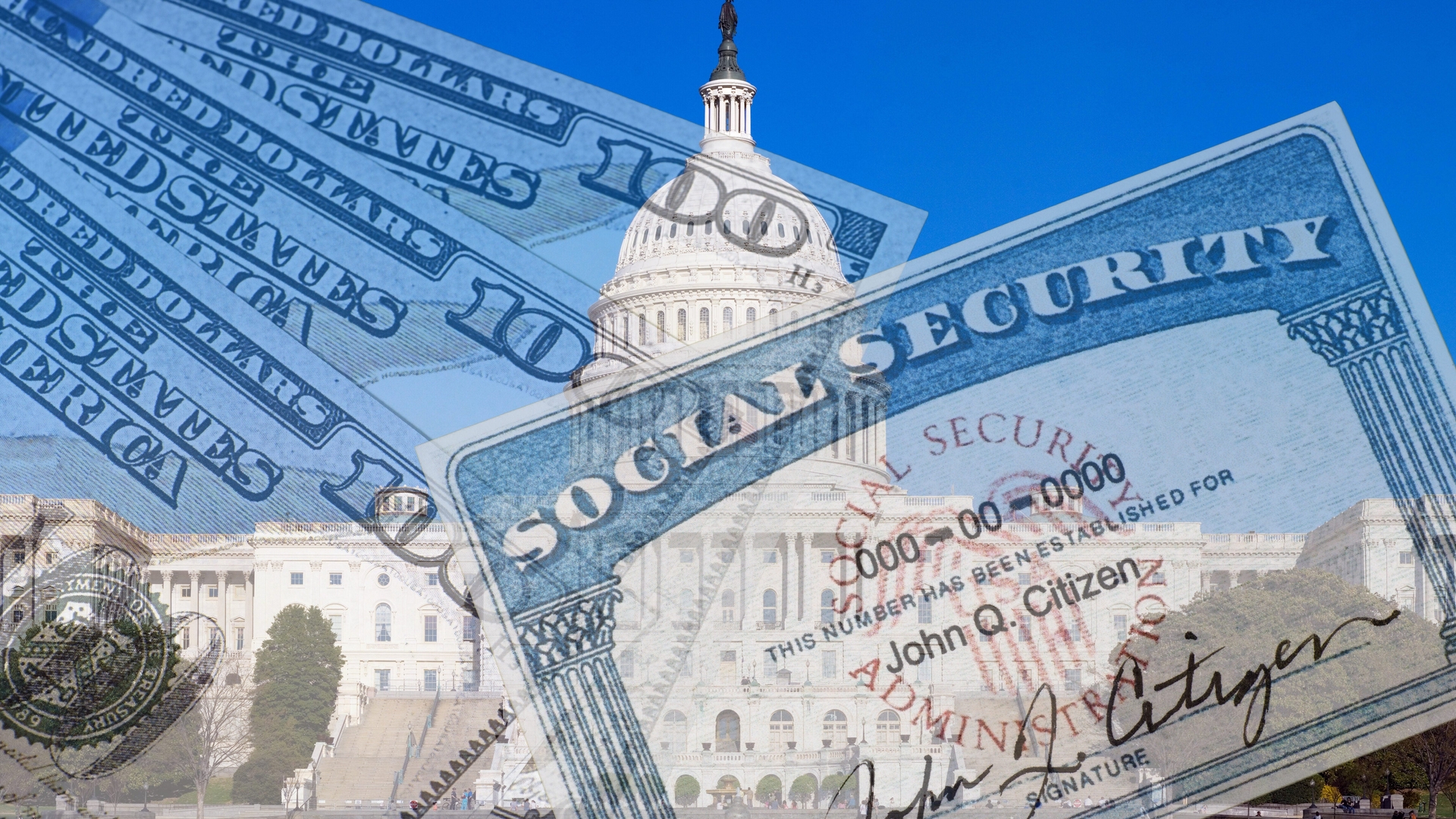 The U.S. Capitol Building with a Social Security card and dollar bills superimposed.