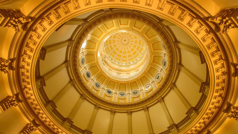 A close-up inside view of gold dome of Colorado State Capitol Building.