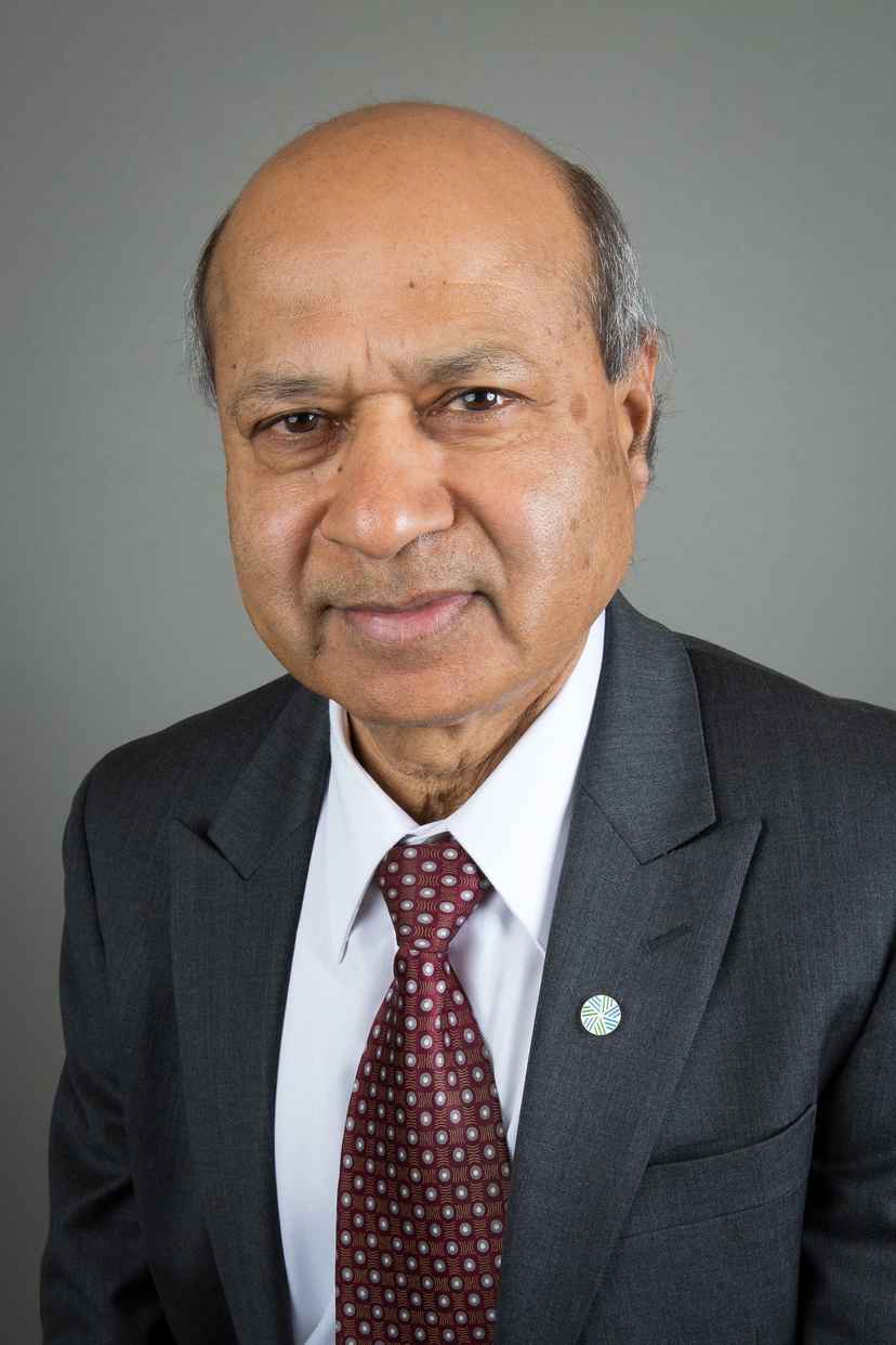An older man with thinning hair wearing a dark suit, white shirt, and patterned tie, posing in front of a plain gray background.