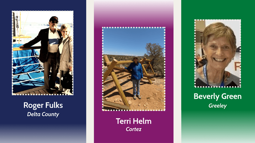 Three panels feature photos of PERA retiree Roger Fulks (Delta County), Terri Helm (Cortez), and Beverly Green (Greeley) with colorful backgrounds and names in white text.